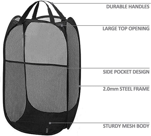 2 Packs Mesh Pop up Laundry Hamper (Black) with Portable Handles, Collapsible for Storage, Foldable Pop-Up Laundry Bags for Kids Room, College Dor...