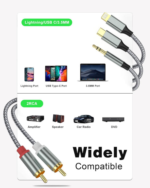 Lightning to RCA Audio Aux Cable, USB C to 2 RCA Audio Cable, RCA to 3.5mm Cable Compatible with Lightning USB C 3.5mm, for Home Theater, Speaker,...