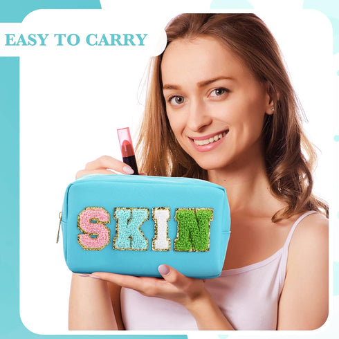 4 Pcs Chenille Bag Preppy Patch Makeup Bag Cosmetic Bag Chenille Letters Toiletry Bag PU Leather Waterproof Portable Pouch Travel Organizer (Blue,...