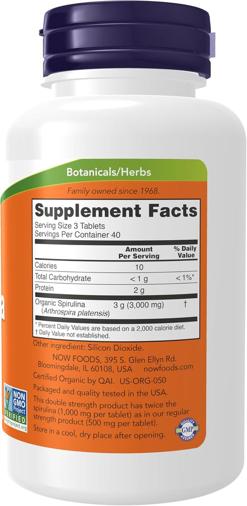 NOW Supplements, Certified Organic, Spirulina 1000 mg (Double Strength), Rich in Beta-Carotene (Vitamin A) and B-12 with naturally occurring GLA ,...