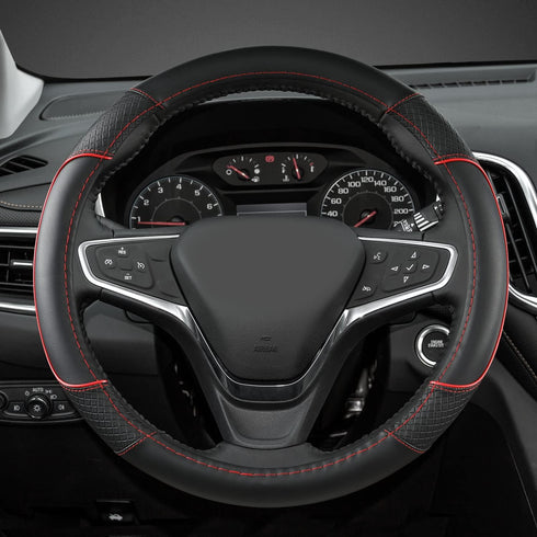 GIANT PANDA Steering Wheel Cover for Chevy Silverado - Car Steering Wheel Cover for Chevrolet Colorado Tahoe -Black+Red Trim...