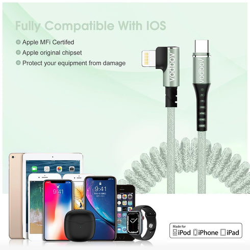 Coil Lightning to USB-C Cable 8ft to 2ft 90 Degree Right Angle Ultra-Strong Mfi Certified Fast Charging Cord Sage......