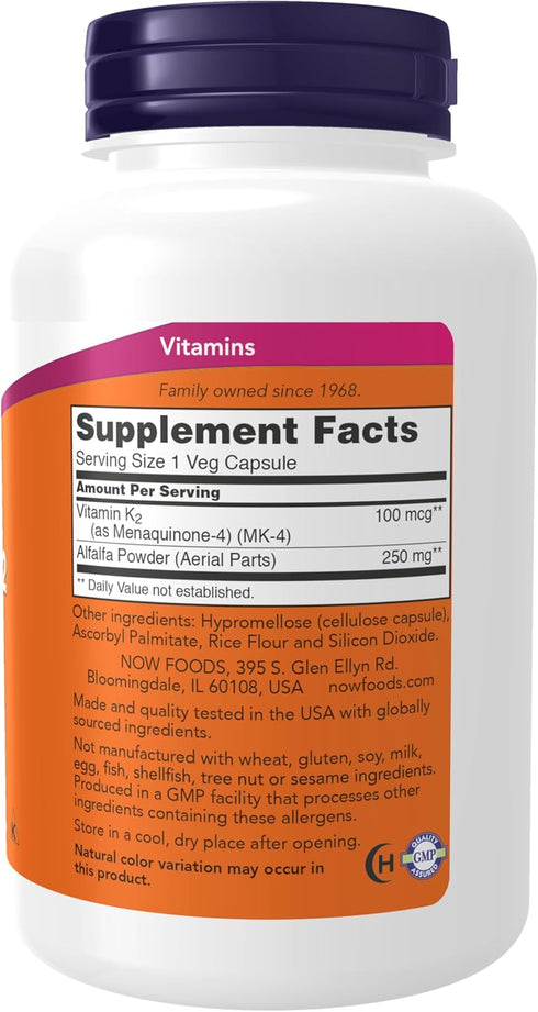 NOW Supplements, Vitamin K-2 100 mcg, Menaquinone-4 (MK-4), Supports Bone Health*, 250 Veg Capsules...