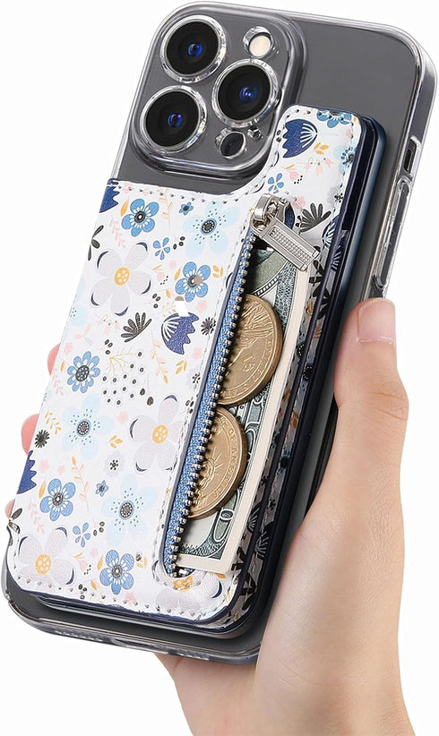 Stick on Wallet for Phone Case, Credit Adhesive Card Holder for Back of Phone Cases Flip Leather Zipper Flower Wallet Sleeve Compatible with iPhon...