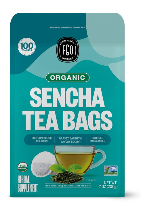 FGO Organic Sencha Green Tea, 100 Count, Eco-Conscious Tea Bags, Resealable Bag, Sourced From Japan, Packaging May Vary (Pack of 1)...