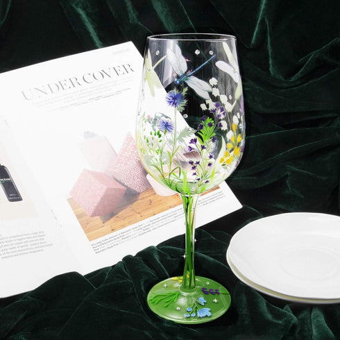 NymphFable Hand Painted Wine Glass Colorful Dragonfly Flower Artisan Painted 15 oz Glass Novelty Gift for Birthdays,Weddings,Valentine's Day...