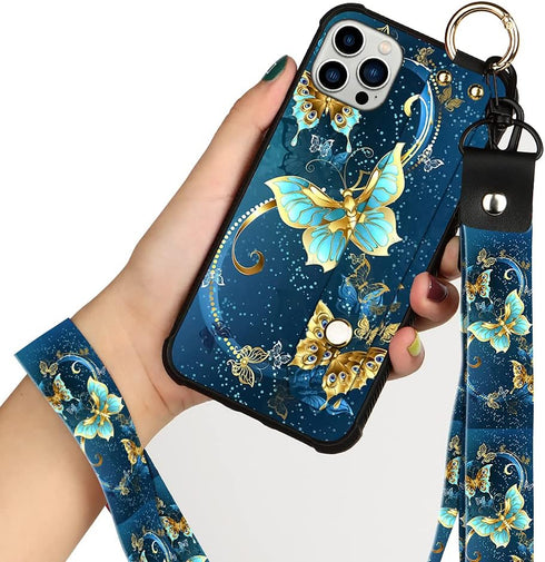 KANGHAR Compatible with iPhone 13 PRO MAX Case Blue Butterfly Shell Wrist Strap Lanyard Cover for iPhone 13 PRO MAX 6.7 INCH 2021 5G...