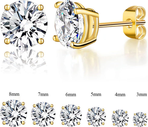 18K Yellow Gold Plated Stud Earrings 4 Prong Brilliant Round Cut 3-8MM Cubic Zirconia Earring Studs (6 Pairs)...