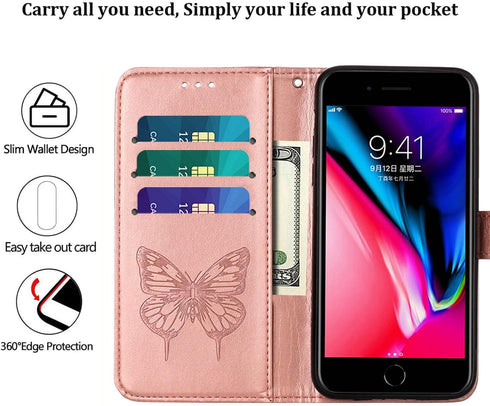 for iPhone SE 2022/SE 2020 Case,for iPhone 6/6S/7/8 Wallet Case,Butterfly Floral Embossed,Wrist Strap,Card Holder Slots,Stand Leather Protective F...