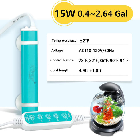 hygger Mini Submersible Aquarium Heater, Turtle and Betta Tank Heater with Digital Display/Five-Key External Controller Freshwater(15W-Key)...