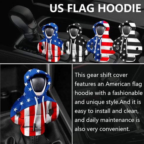 Car Gear Shift Knob Hoodie, American US Flag Mini Sweater Gear Lever Cover, Cute Funny Vehicle Protector Decoration Accessories, Universal for Mos...