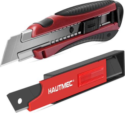 HAUTMEC 25mm Pro Heavy Duty Utility Knife Box Cutter with Extra 10PCS Rust Proof SK2H Black Sharp Blades, Autolock Slider, Sturdy Body for Industr...