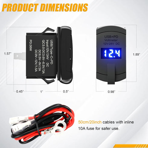 Rocker Type Charger Socket Type-C PD + USB QC 3.0 Charger + Voltmeter with Waterproof Cover 12V/24V Blue Led for Rocker Switch Switch Panel On Mar...