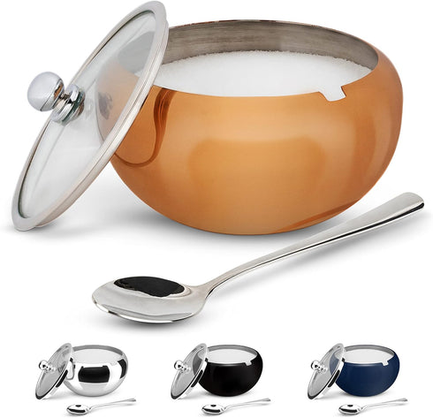 KooK Sugar Bowl, Sugar Bowl with Lid and Spoon, Sugar Container with Lid, for Salt, Coffee, Holds 2 Cups, Dishwasher Safe, Copper, 16 Oz...