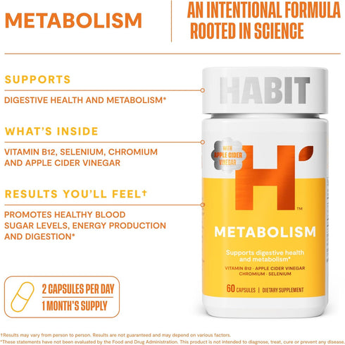 HABIT Metabolism Supplement (60 Capsules) - Supports Digestive Health & Metabolism, Vitamin B12, Selenium, Chromium, Apple Cider Vinegar, Vegan, N...