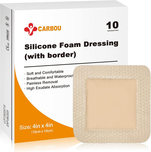 Carbou Silicone Foam Dressing with Gentle Border,4"x4" Adhesive Waterproof and High Absorbency Square Wound Care Dressing Bandage for Pressure Sor...