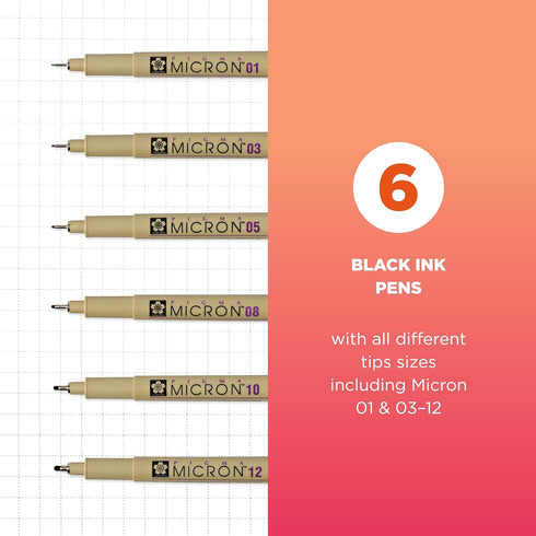 SAKURA Pigma Micron Fineliner Pens - Archival Black Ink Pens - Pens for Writing, Drawing, or Journaling - Assorted Point Sizes - 6 Pack...