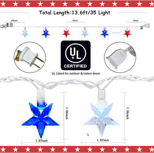 4th of July Star String Lights, 13.6Ft LED Red White Blue Memorial Day Decoration Star Light with 35 Patriotic Star Lights for Independence Day Th...