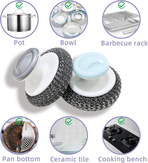 2Pcs Steel Wool Scrubber with Handle,Heavy-duty Stainless Steel Wool Scrubber for Pots, Pans, Grills, Ovens, Keep Your Hands Free from Cleaning Fl...