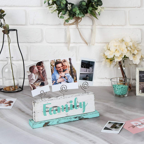 JACKCUBE DESIGN Multi-Photo Display Boho Tabletop Decor Wooden Double Side Memos, Cards, Gallery Display Block with 3 Wire Clips, Desktop Freestan...