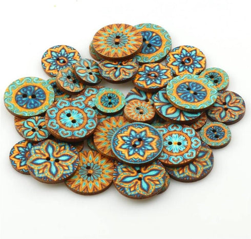 Wepetyo 400 Pcs Wooden Buttons, Mixed Random Blue Flower Painting Round 2 Holes Wood Wooden Buttons for Sewing Crafting(20mm,15mm,25mm)...