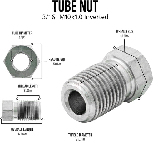 4LIFETIMELINES Stainless Steel Brake Line Tube Nut, 3/16 (M10x1.0 Inverted), Bag of 10...