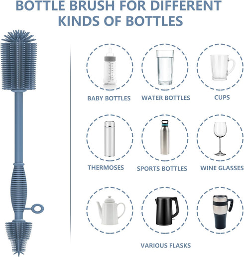 Double Sided Cleaning Brush,Soft Kitchen Scrub Brush,Reusable Silicone Bottle Cleaning Brush,Narrow Neck Bottle Brush Cleaner,Long Handle Bottle B...