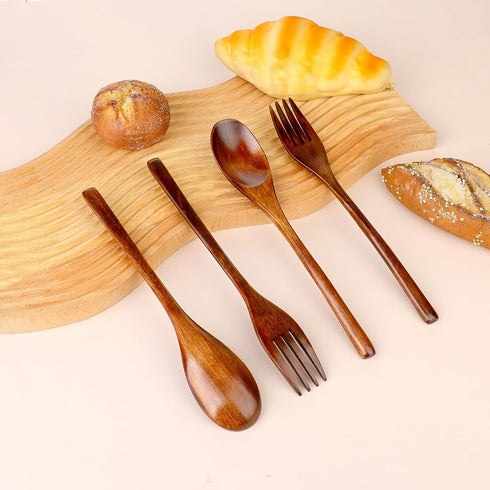 6Pcs Wooden Spoons Forks Set Wooden Spoons and Forks Cutlery Set, Reusable Wooden Utensil Set Wood Spoons Flatware Sets for Stirring Cooking Campi...