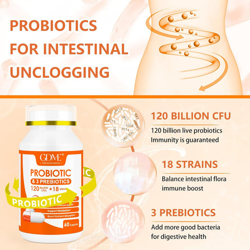 Probiotic Capsules, 60 Capsules 120 Billion CFU 18 Strains, Contains 3 Prebiotics, for Men & Women, Once Daily Probiotic Dietary Supplement, Boost...