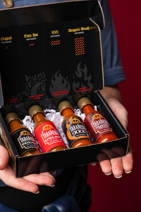 Mini Hot Sauce Challenge Box by Tabañero, Original, Extra Hot, XXX Hot & Dragon’s Breath, Hot Sauce Gift, Gluten Free, All Natural, Low Sodium, Ve...