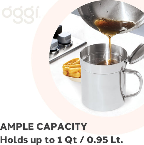OGGI Stainless Steel Grease Container with Handle, Removable Strainer and Flip Top Lid. Perfect container for fryer oil, bacon drippings, lard and...