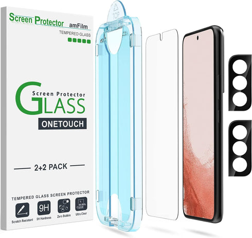 amFilm OneTouch Screen Protector for Samsung Galaxy S22 Plus 6.6 inch, Samsung Galaxy S22 + 6.6 inch, 9H Hardness with Camera Lens Protector, Bubb...