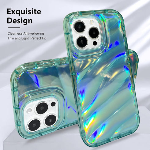 Bonoma Compatible with iPhone 15 Pro Case Bling Laser Iridescent Florescent Crystal Wave Luxury Case Camera Protector + Screen Protector Shockproo...