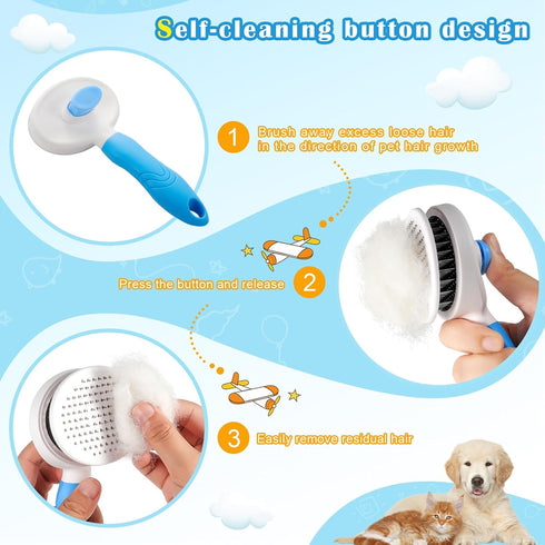 pet brush, pet brush for cats and dogs, removes loose undercoat and smoothes hair, stainless steel needles, self-cleaning button upgraded version,...