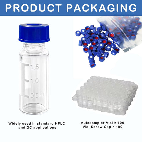 2mL Autosampler Vials, 9-425 HPLC Vials with Screw Cap, White PTFE & Red Silicone Septa, Borosilicate Sample Vial with Writing Area and Graduation...