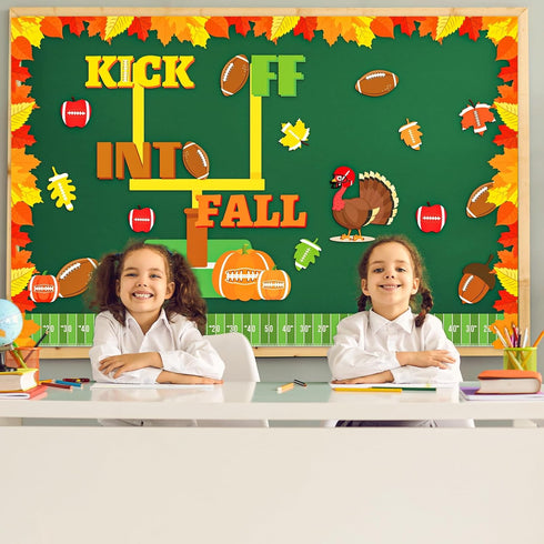 158pcs Kick Off into Fall Bulletin Board Set Thanksgiving Football Classroom Decorations Autumn Maple Leaves Cutouts with Glue Points for School C...