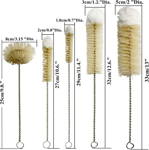 Stainless Steel Soda Bottle Cleaning Brush Set in Natural Boar Bristle Wool Tip Long Handle, Flexible Bendable Thick Wire Cleaner for Narrow Neck ...