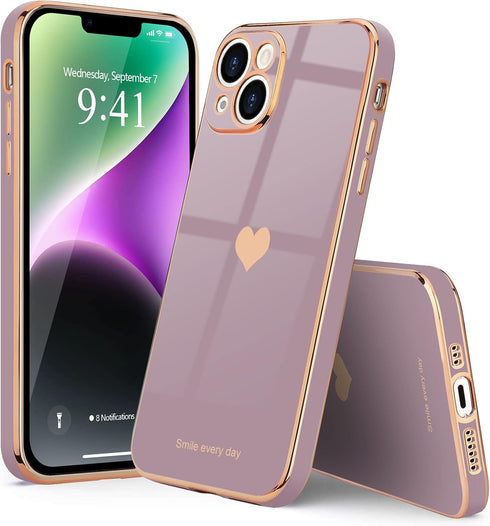 Teageo for iPhone 14 Case for Women Girl Cute Love Heart Luxury Electroplate Plating Soft Bling Back Cover Raised Full Camera Protection Bumper Si...