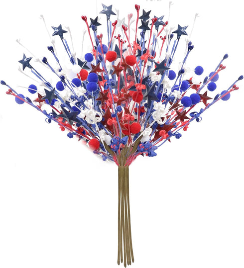 Zerzsy 2pcs Patriotic Berry Picks, Artificial Berry Stems 18" Red Blue Star Floral Picks for Floor Vase Decor, Faux Fur Ball Branches for Home Dec...