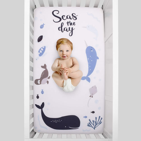 NoJo Seas The Day Multi Sea Animals Blue and White 100% Cotton Photo Op Fitted Crib Sheet...
