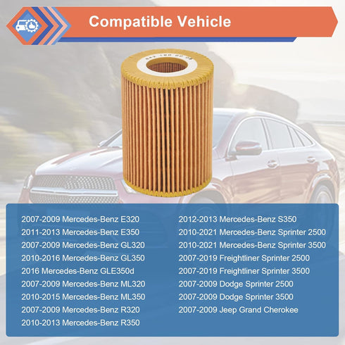 2Pcs Oil Filter Compatible With Mercedes-Benz Freightliner Jeep Dodge Vehicle E350 GL350 ML350 R320 R350 S350 Sprinter 2500 3500 Grand Cherokee 20...