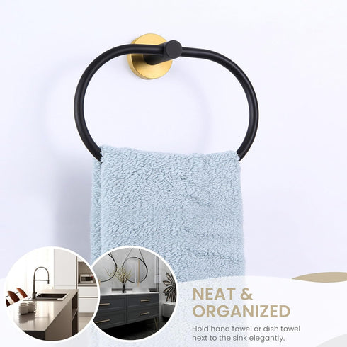 Towel Ring Black & Gold, Suyar Stainless Steel Hand Towel Holder, Oval Shape Towel Hanger, Towel Rack for Bathroom Wall...