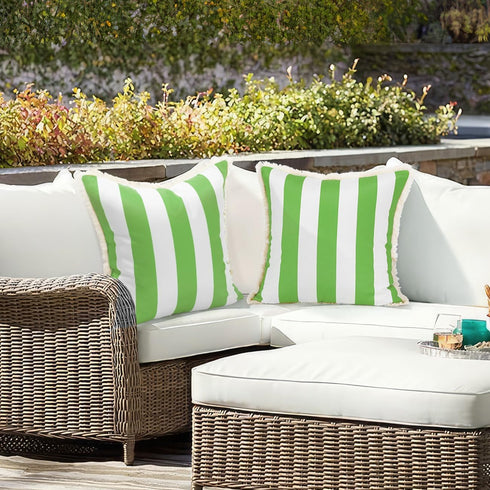Outdoor Throw Pillow Covers 18×18 Inch, Waterproof Square Throw Pillow Cases with Fringe, Striped Decorative Outdoor Cushion Covers for Garden, Pa...
