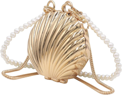 Women Girls Metal Shell Mini Lipstick Shoulder Bags Fashion Pearl Chain Crossbody Bag Purse Handbags...