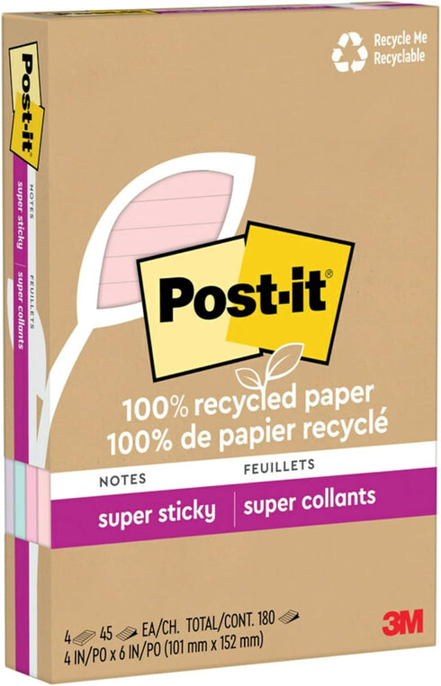 Post-it 100% Recycled Paper Super Sticky Notes, 2X The Sticking Power, 4x6 in, Lined, 4 Pads/Pack, 45 Sheets/Pad, Wanderlust Pastels Collection (4...