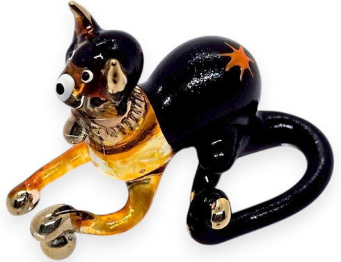 Tiny 2¼" Black Brown Crouching Play Ball Cat Figurine Miniature Hand Blown Painted Glass Cats Kitten Feline Animals Cute Crystal Decorative Collec...