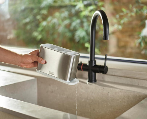 Joseph Joseph Surface Kitchen Sink Cutlery drainer, Utensil cutlery and kitchen gadgets holder with draining base, kitchen storage, Stainless Stee...