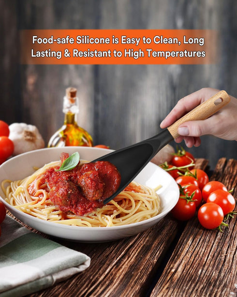 Cooking Spoon for Nonstick Cookwares, Great for Cooking and Serving Durable BPA-Free Matte Silicone, Wood Handle Spoon for Mixing, Scoop, and Scra...