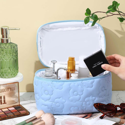 3 Pieces Cotton Quilted Makeup Bag Set Coquette Cosmetic Bag Aesthetic Travel Toiletry Bags Cute Pouch Kawaii Aesthetic for Women (Blue Flower)...