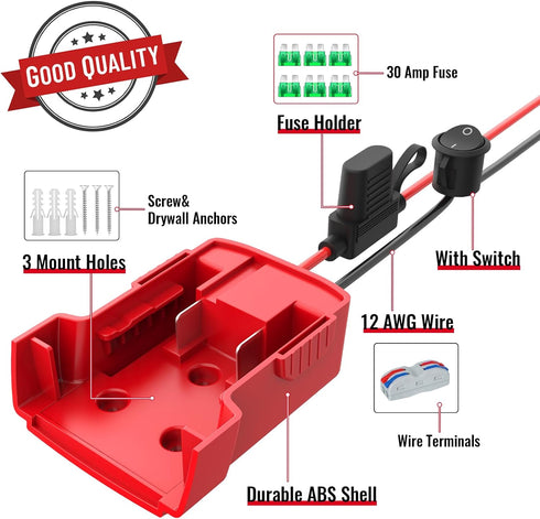 3 Packs Power Wheels Adapter for Milwaukee M18 Battery Adapter Power Wheels Battery Converter Kit with Fuse & Switch & Wire Terminals & 12 AWG Wir...